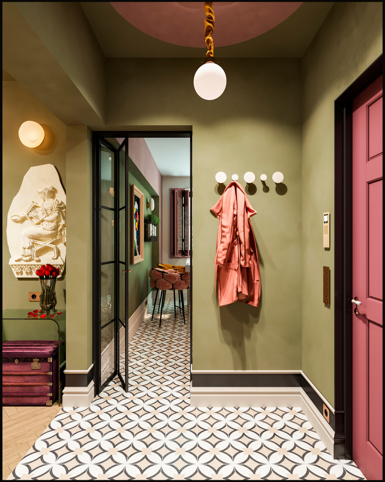 Эклектичный проект квартиры с огромной гардеробной с окном