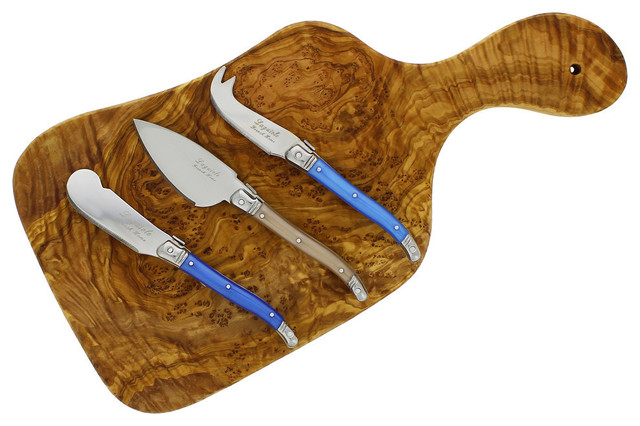 14" Olive Wood Cutting Board With 3 Asst. Laguiole Cheese Knives