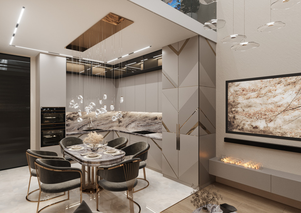 Дизайн кухни-гостиной в двухуровневой квартире в Москве