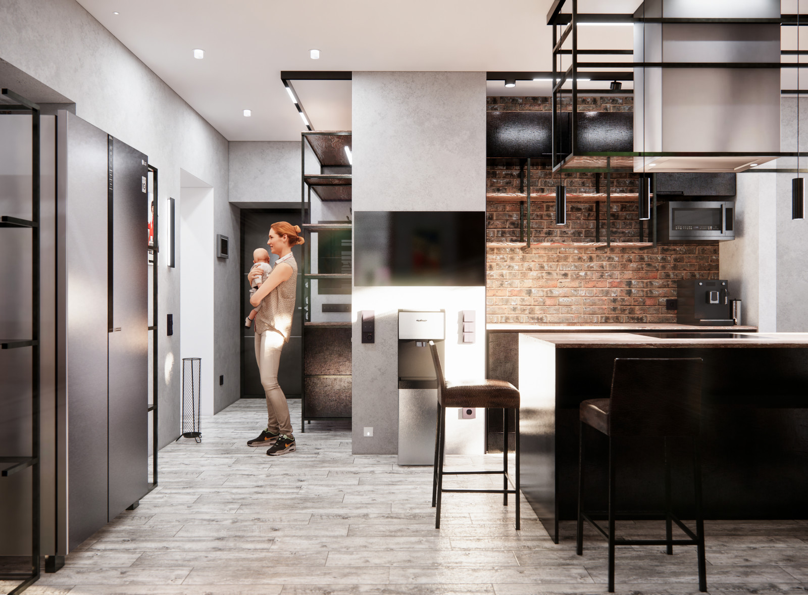 Квартира в Москве в стиле лофт, кухня, холл, санузел, кладовая. 2020 г.