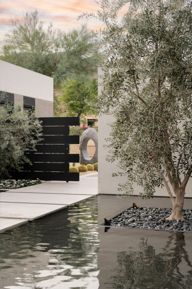 Geometrischer, Großer Moderner Garten mit direkter Sonneneinstrahlung und Holzzaun in Los Angeles