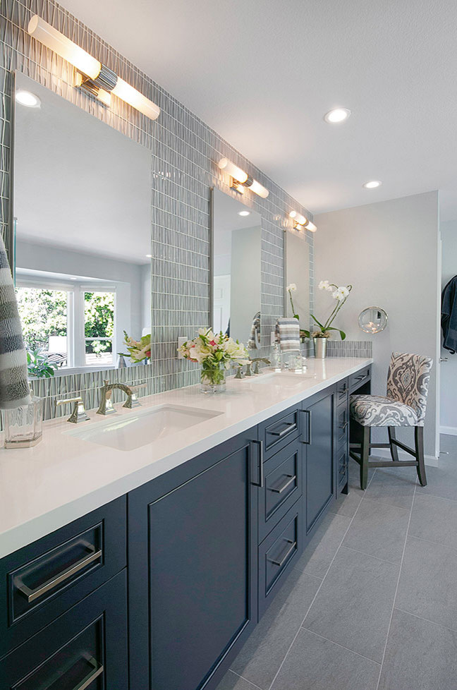 San Ramon Transitional Primary Bathroom Remodel with Glass Backsplash ...