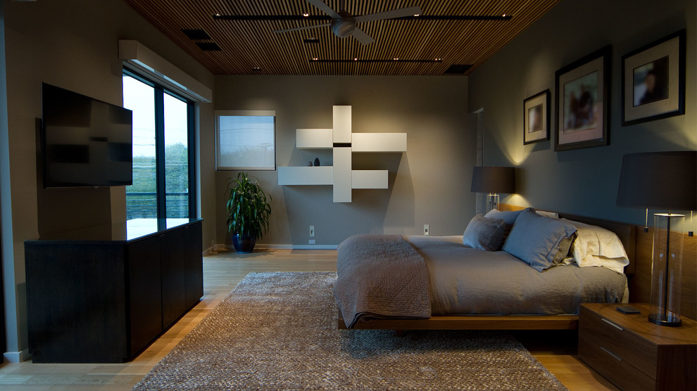 Inspiration for a large modern master bedroom in Dallas with brown walls, light hardwood floors and no fireplace.