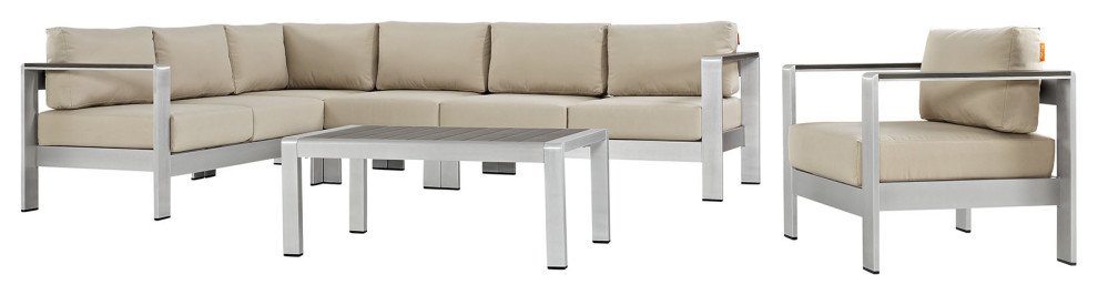 Shore 6-Piece Outdoor Aluminum Sectional Sofa Set, Silver Beige