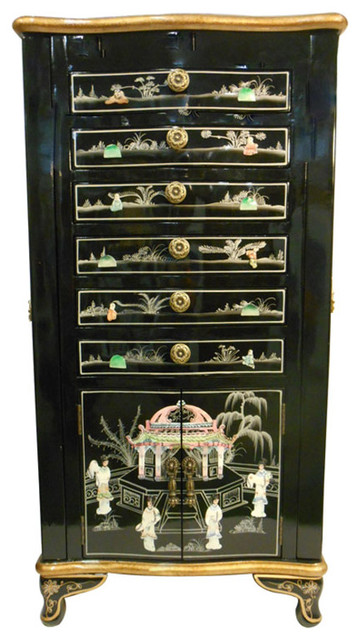 Oriental Jewelry Armoire Black Lacquer And Inlaid Asian