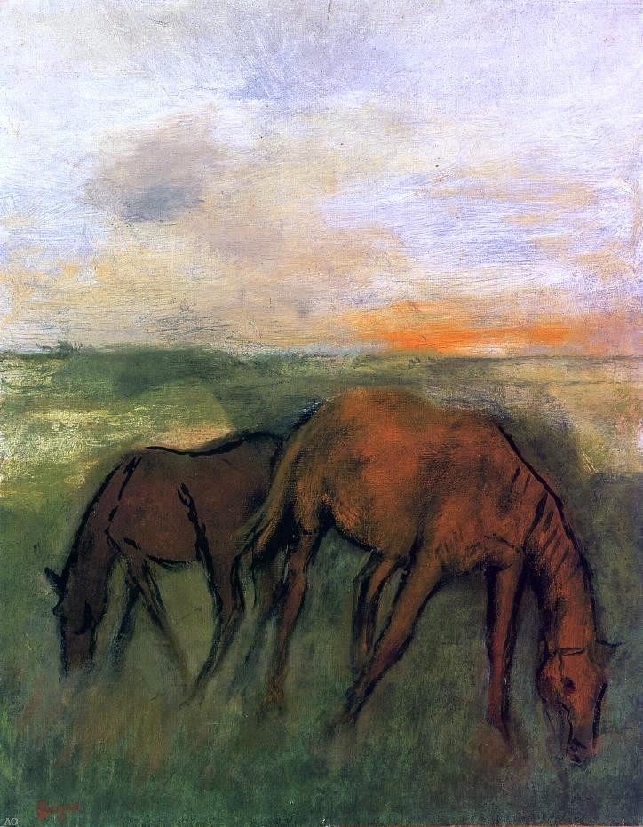 Edgar Degas Two Horses in a Pasture - 21" x 28" Premium Canvas Print