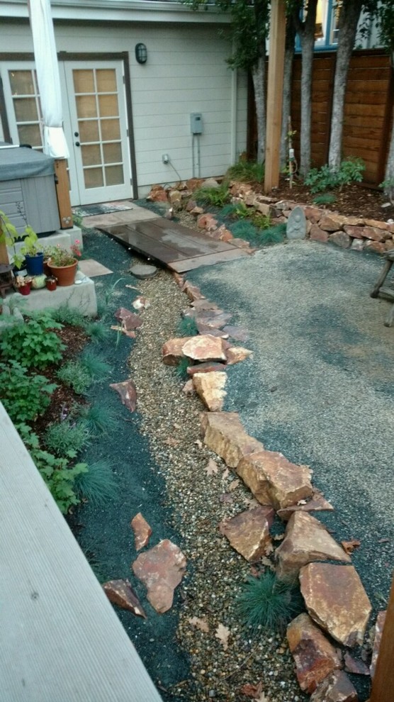 Design ideas for a small contemporary backyard full sun xeriscape in San Francisco with a water feature and natural stone pavers.