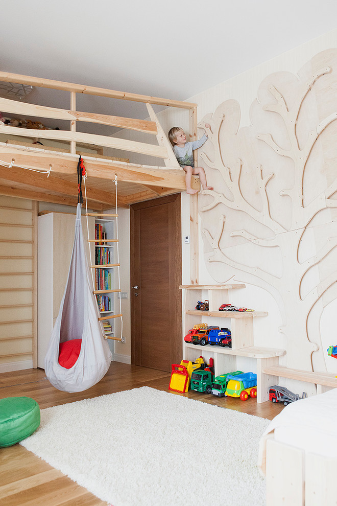 Идея дизайна: детская в современном стиле с спальным местом, белыми стенами и светлым паркетным полом