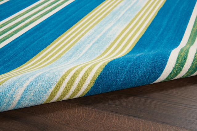 Waverly Sun N Shade Contemporary Area, Blue And Green Striped Outdoor Rug