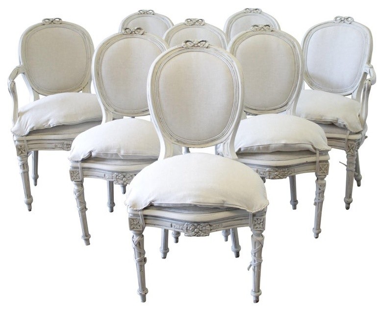 Set of 8 Antique Louis XVI Style Painted and Upholstered Dining Chairs