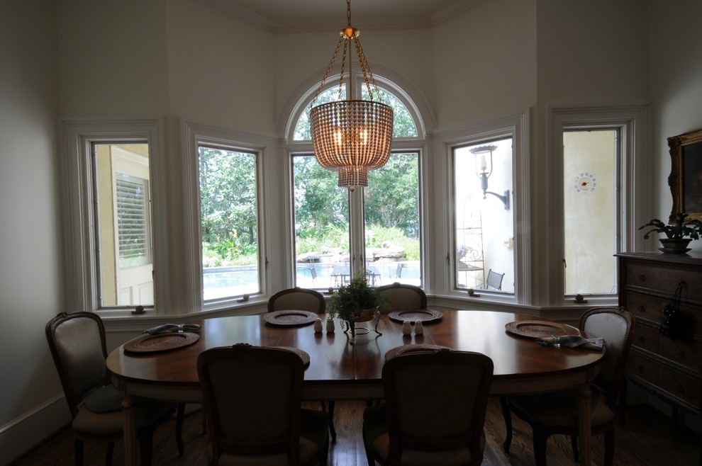 Large transitional u-shaped dark wood floor and brown floor open concept kitchen photo in Birmingham with an undermount sink, shaker cabinets, white cabinets, granite countertops, white backsplash, mosaic tile backsplash, paneled appliances and an island