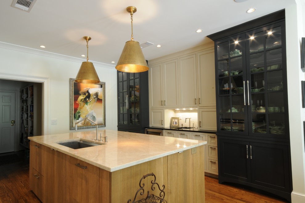 Inspiration for a large transitional u-shaped dark wood floor and brown floor open concept kitchen remodel in Birmingham with an undermount sink, shaker cabinets, white cabinets, granite countertops, white backsplash, mosaic tile backsplash, paneled appliances and an island