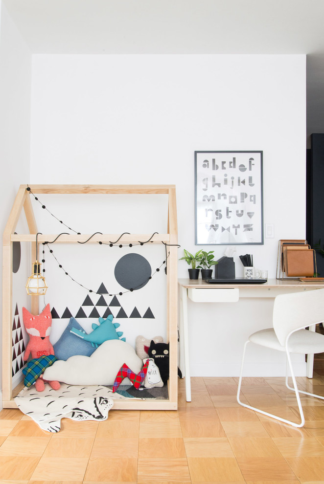 Inspiration for a scandinavian gender-neutral kids' playroom in Other with white walls, plywood floors and brown floor.