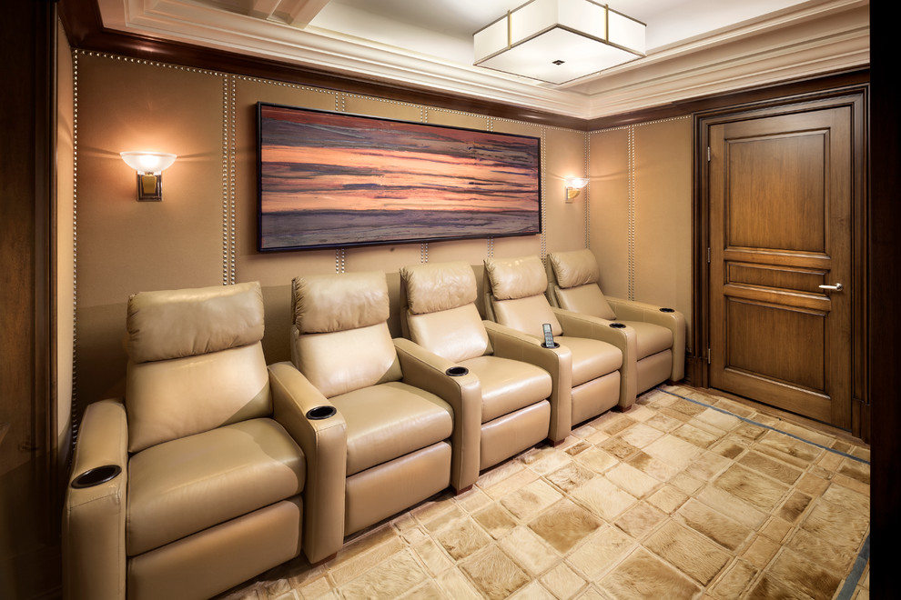 Inspiration for a small transitional enclosed home theatre in New York with beige walls, medium hardwood floors and a wall-mounted tv.