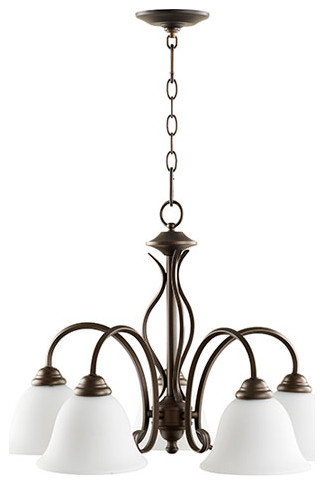 Quorum 6410-5-186 Five Light Chandelier, Oiled Bronze With Satin Opal Finish