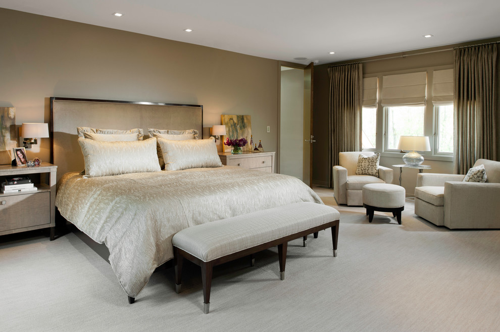 Inspiration for a large contemporary master bedroom in Chicago with carpet, brown walls, no fireplace and beige floor.