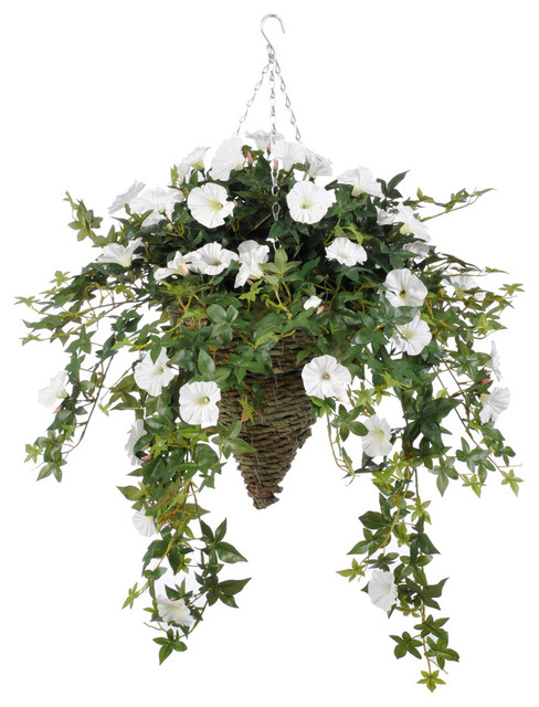 Hanging Silk Flowers Baskets Picture Artificial Purple Petunia In Cone Hanging Basket Traditional Plants And Trees