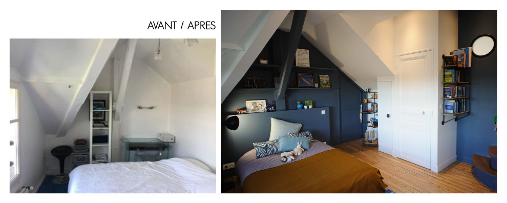 Chambre d'enfant?[Idées déco pour chambre d'enfant for ados and garçon With un mur bleu, parquet clair, un sol beige and poutres apparentes.]:[Idées déco pour chambres d'enfant for ados and garçon With un mur bleu, parquet clair, un sol beige and poutres apparentes.]