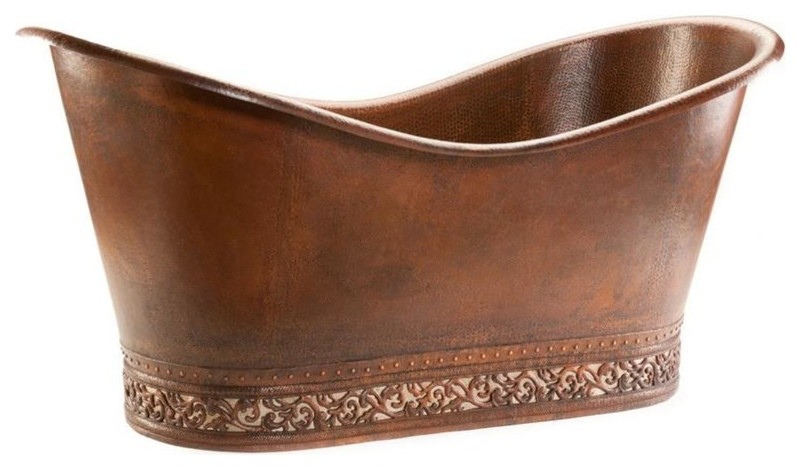 67" Hammered Copper Double Slipper Bathtub With Scroll Base And Nickel Inlay
