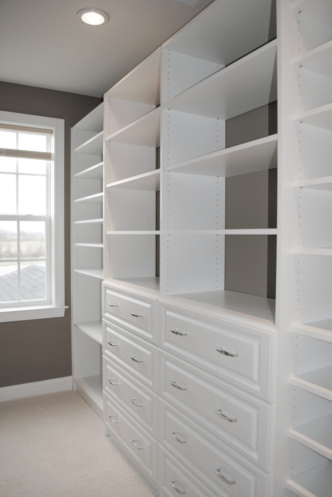 Inspiration for a mid-sized traditional walk-in wardrobe with raised-panel cabinets, white cabinets and carpet.