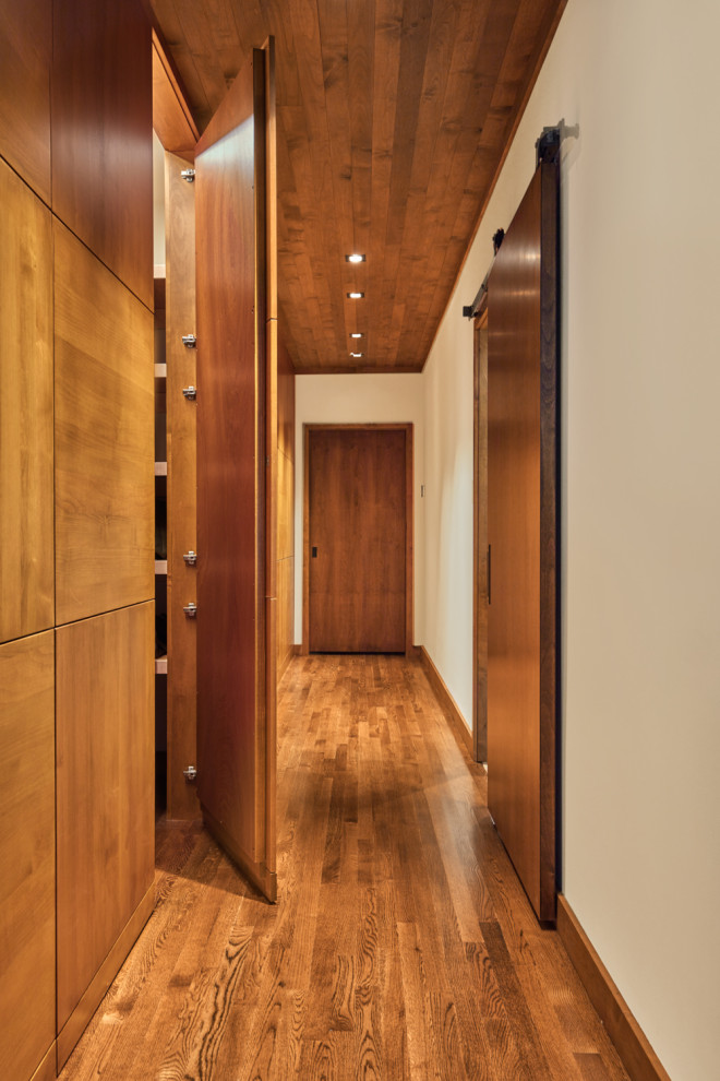Пример оригинального дизайна: большой коридор в современном стиле с белыми стенами, паркетным полом среднего тона, коричневым полом, деревянным потолком и деревянными стенами