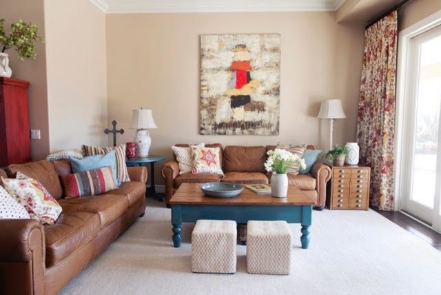 Living room - mid-sized southwestern formal and open concept dark wood floor and brown floor living room idea in Phoenix with beige walls