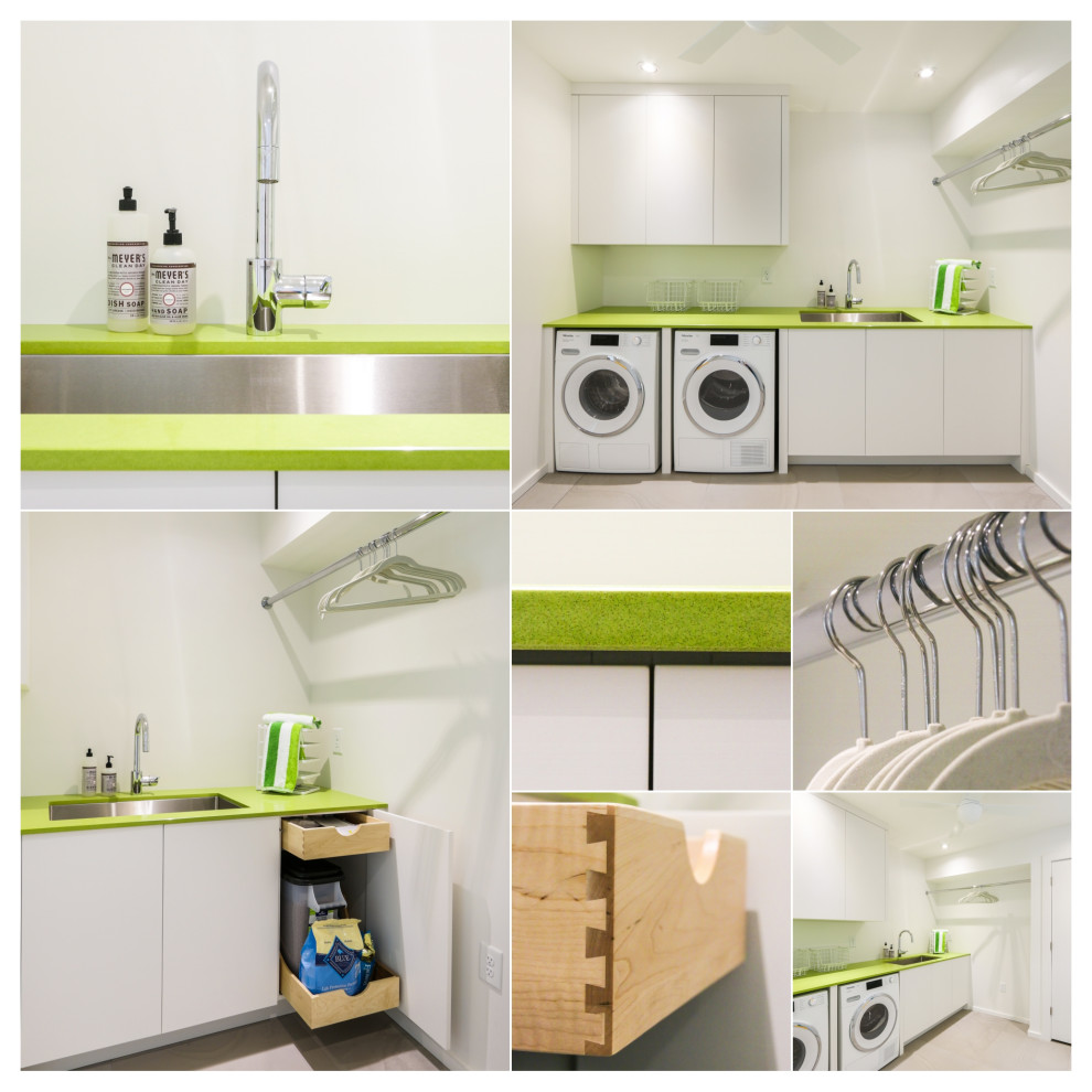 Small minimalist single-wall slate floor and beige floor home design photo in Atlanta with an undermount sink, flat-panel cabinets, white cabinets, solid surface countertops, white walls, a side-by-side washer/dryer and green countertops