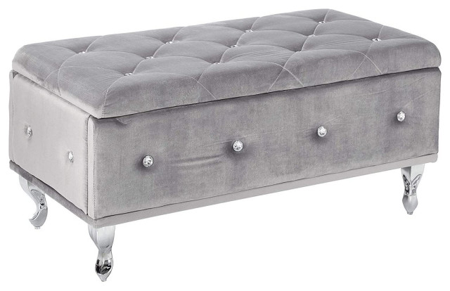 Storage Bench, Chrome Cabriole Legs & Velvet Fabric With Jewelry Accents, Grey