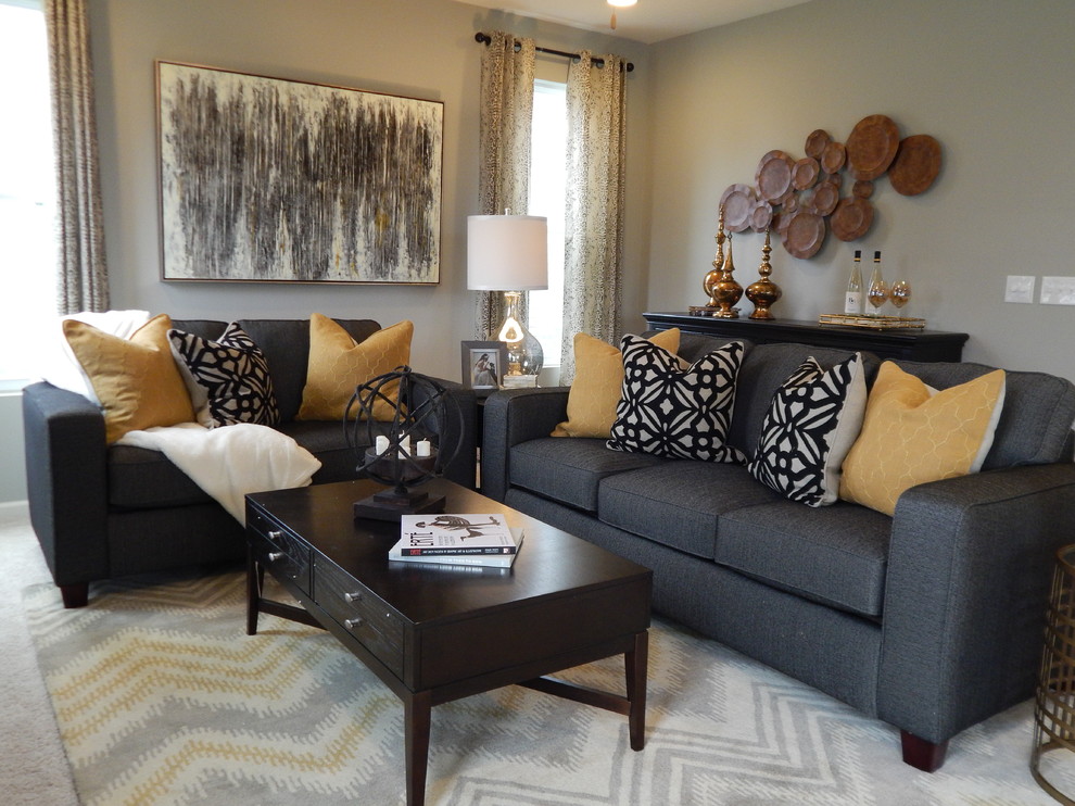 Inspiration for a small transitional open concept living room in Indianapolis with grey walls, carpet, a standard fireplace, a tile fireplace surround and a wall-mounted tv.
