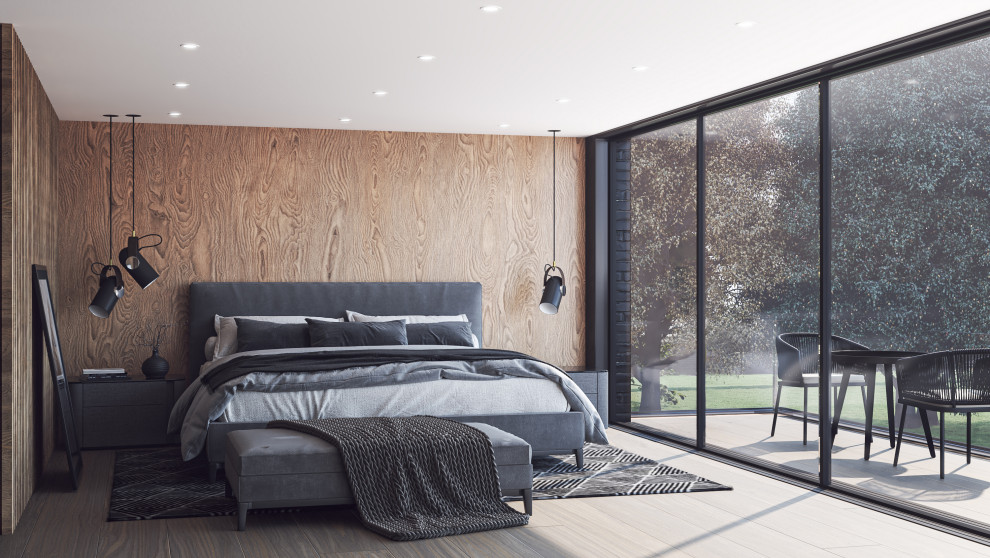 ウエストミッドランズにある広いコンテンポラリースタイルのおしゃれな主寝室 (茶色い壁、淡色無垢フローリング、ベージュの床、板張り壁、グレーと黒) のインテリア