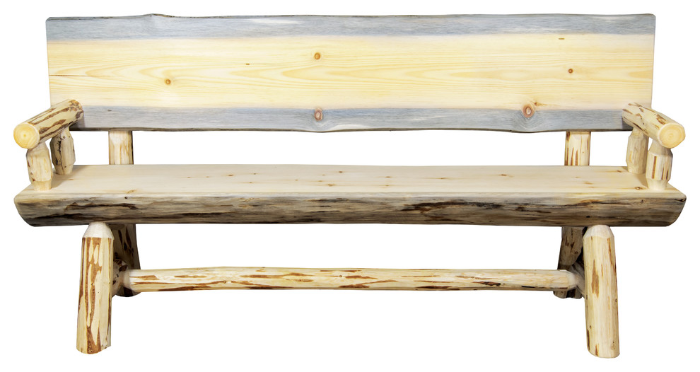 Montana Half Log Bench With Back And Arms In Exterior Stain Finish