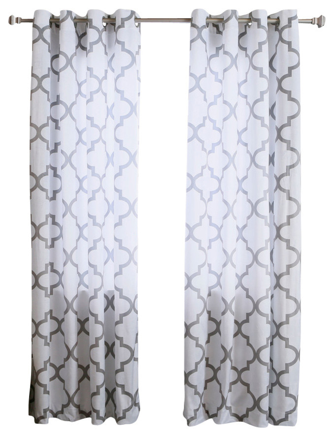 Velvet Reverse Moroccan Print Grommet Top Curtains, Set of 2, 84", Gray