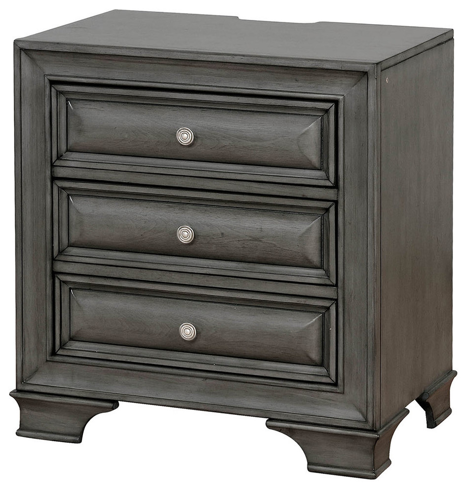3 Drawer Wooden Nightstand with USB Outlet and Power Cord, Gray
