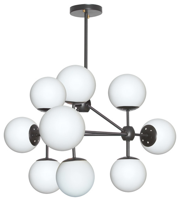Chandelier 9Light Bulbs Fixture With Black, Steel/Glass Material, 26