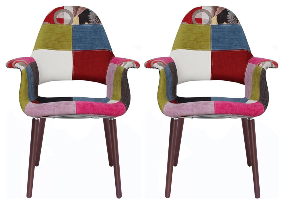 Patchwork Fabric With Arms Accent Wood Modern Dining Chairs, Set of 2 Midcentury Dining