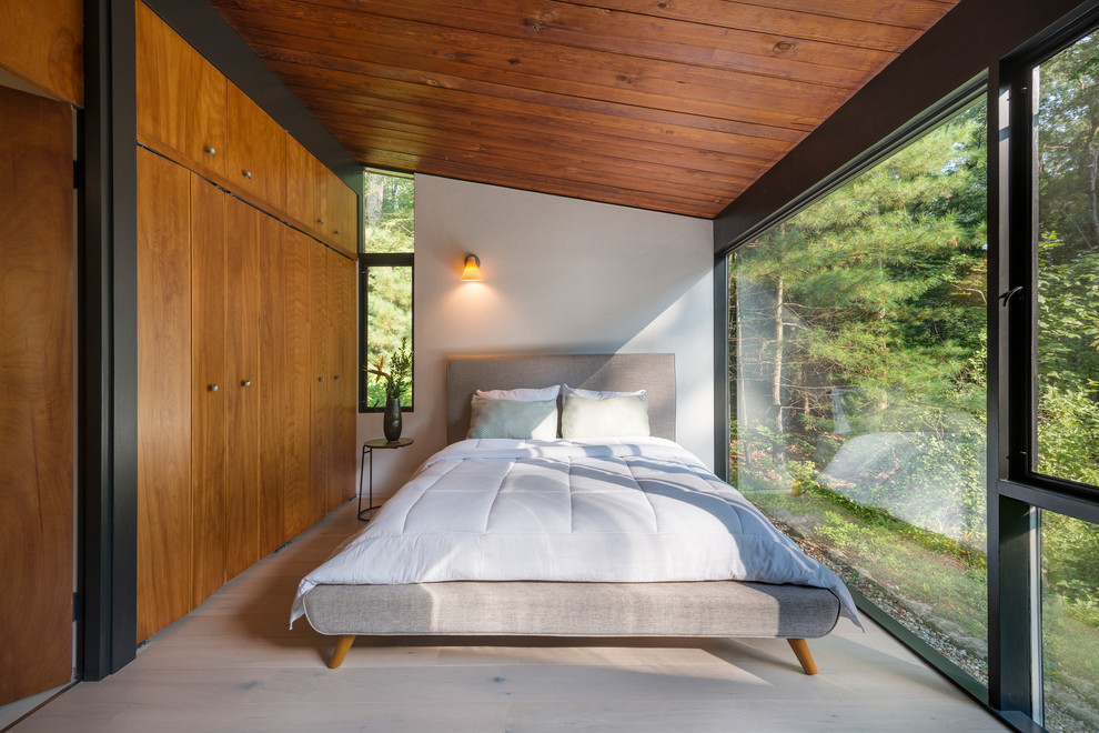 This is an example of a mid-sized midcentury master bedroom in Boston with white walls, light hardwood floors and beige floor.