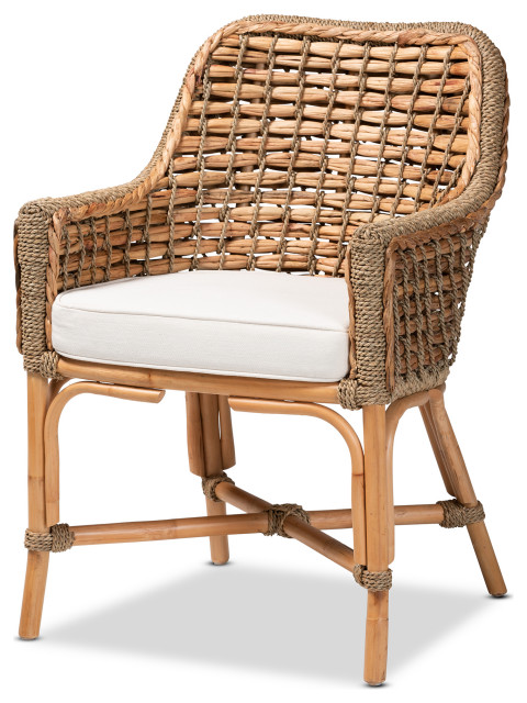 Kyle Modern Bohemian Natural Brown Woven Rattan Dining Arm Chair with ...