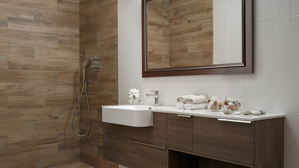 Design ideas for a mid-sized contemporary 3/4 bathroom in Moscow with an open shower, ceramic tile, ceramic floors, solid surface benchtops, brown floor, an open shower, flat-panel cabinets, white tile, brown tile and an integrated sink.