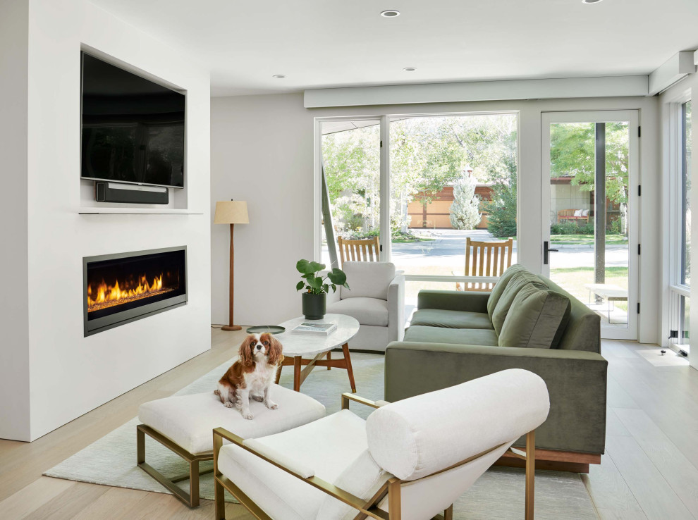 Mid-sized contemporary open concept living room in Denver with white walls, light hardwood floors, a ribbon fireplace, a plaster fireplace surround, a wall-mounted tv and brown floor.