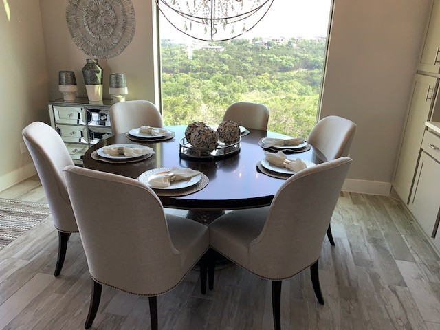 Breakfast nook - mid-sized transitional porcelain tile and beige floor breakfast nook idea with gray walls