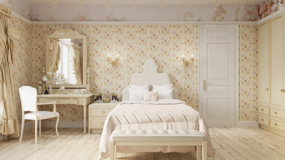 他の地域にある広いトラディショナルスタイルのおしゃれな寝室 (ベージュの壁)