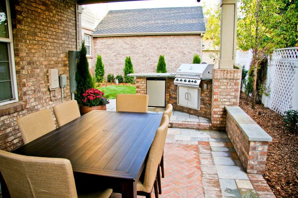 Mid-sized traditional backyard garden in Denver with natural stone pavers.
