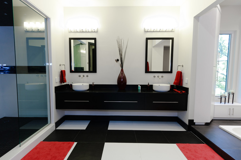 Photo of an expansive contemporary bathroom in Orlando with flat-panel cabinets, black cabinets, a drop-in tub, black tile, black and white tile, white tile, ceramic tile, white walls, ceramic floors, a vessel sink and with a sauna.