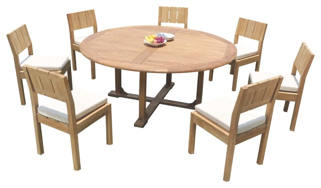8 Piece Outdoor Patio Teak Dining Set, 72 Round Dining Table With 8 Chairs