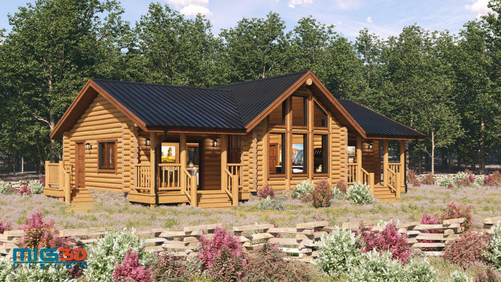 Cette photo montre une façade de maison beige montagne en bois de taille moyenne et de plain-pied avec un toit en métal et un toit noir.