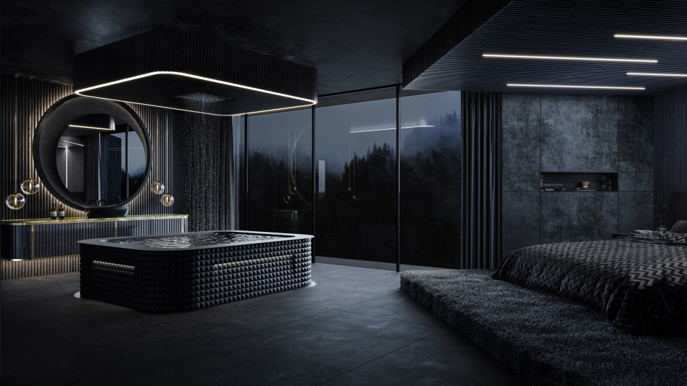 Mittelgroßes Modernes Hauptschlafzimmer ohne Kamin mit schwarzer Wandfarbe, Betonboden, schwarzem Boden, Holzdielendecke und Holzdielenwänden in Perth