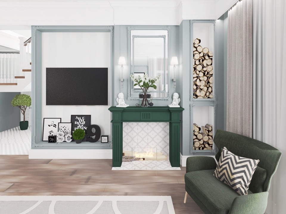 Дизайн гостиной и ванной комнаты в коттедже (Тополиная роща)