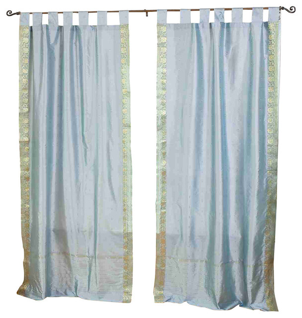 Lined-Gray  Tab Top  Sheer Sari Cafe Curtain / Drape / Panel  -43W x 24L -Pair