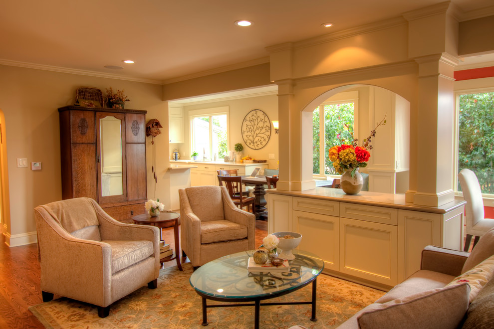 Design ideas for an expansive traditional open concept family room in San Francisco with no fireplace.