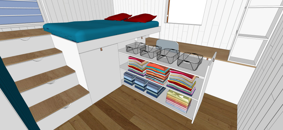 Nordisk inredning av ett litet könsneutralt tonårsrum kombinerat med sovrum, med vita väggar, ljust trägolv och brunt golv